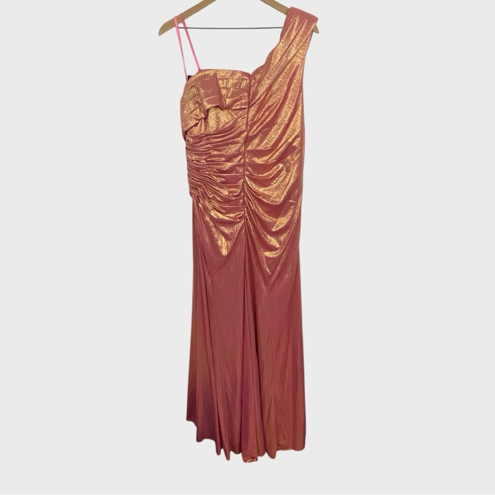 Mac Duggal NEW Metallic Pink Off The Shoulder Ruched Waist Slit Gown NWT Size 16 - Picture 4 of 10